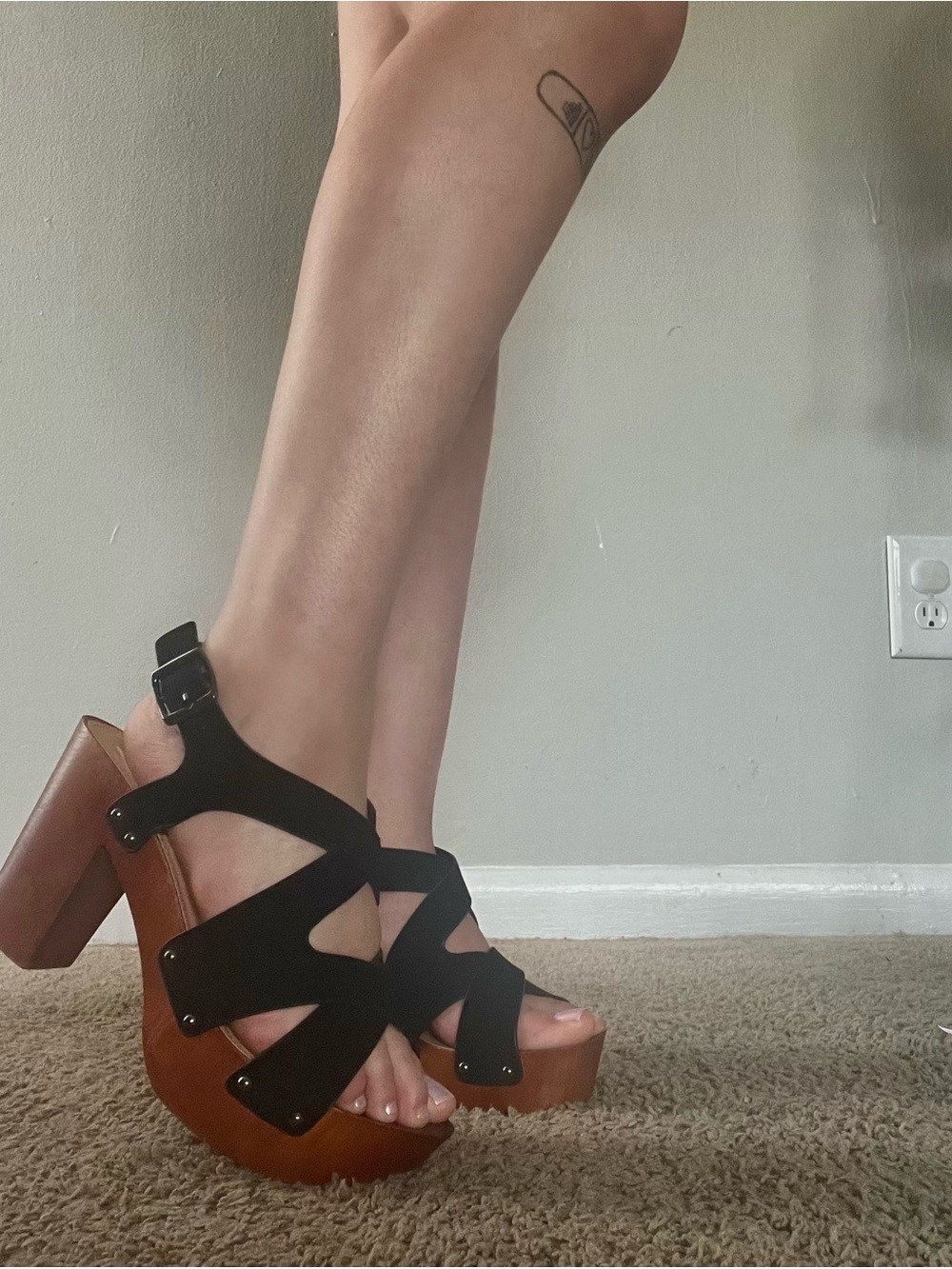 Black Suede Strappy Platform Sandals with Wood Block Heel